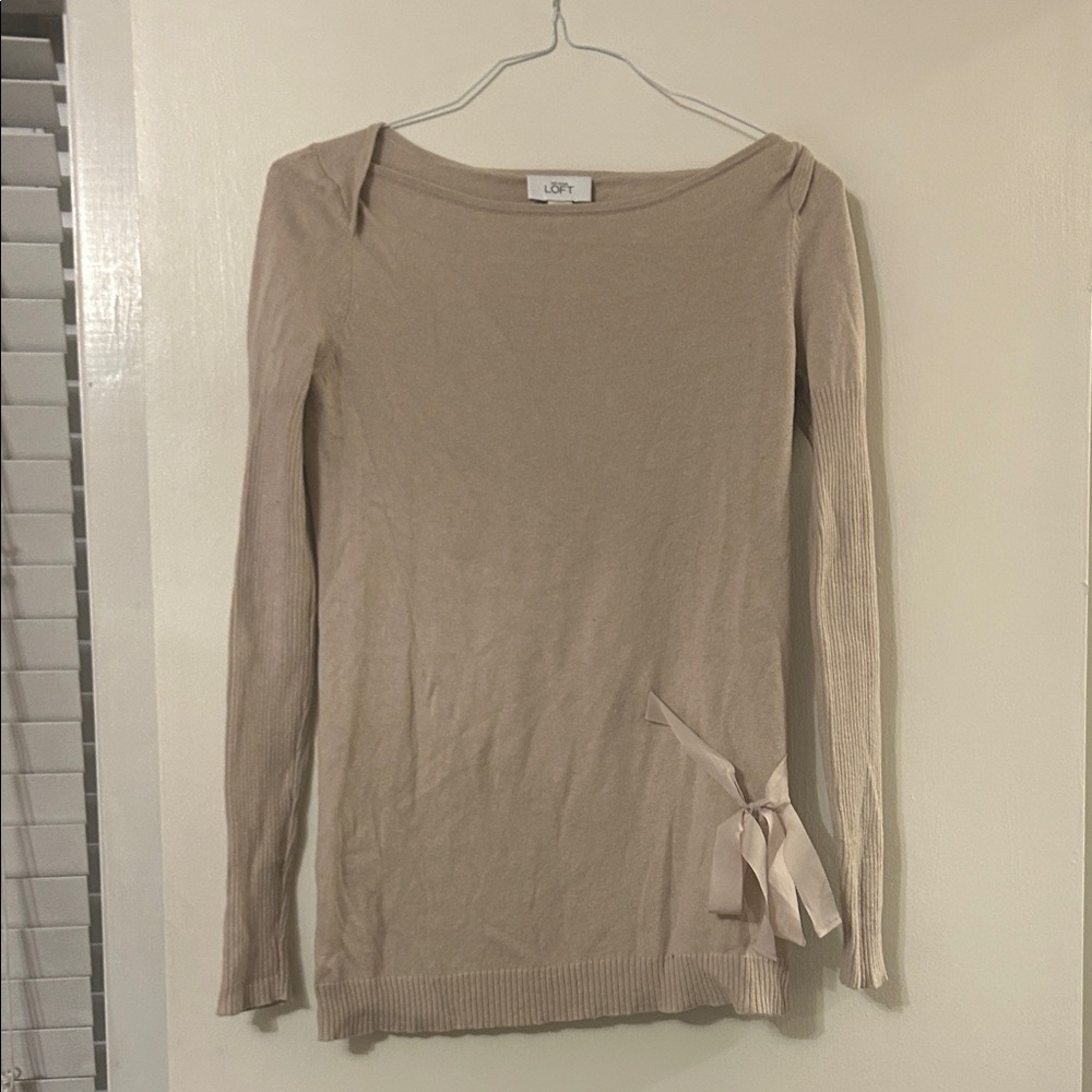 LOFT Taupe Long Sleeve Top with Ribbon Accent